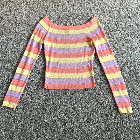 Intermix Womens Sz L Striped Off-The-Shoulder Knit Top Multicolor Long-Sleeve - Picture 3 of 9